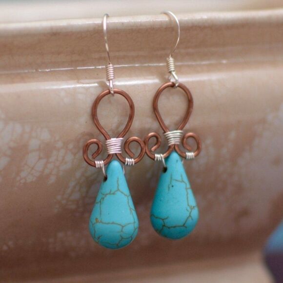 Hand Crafted Jewelry - Wire Wrapped Turquoise Teardrop Earrings